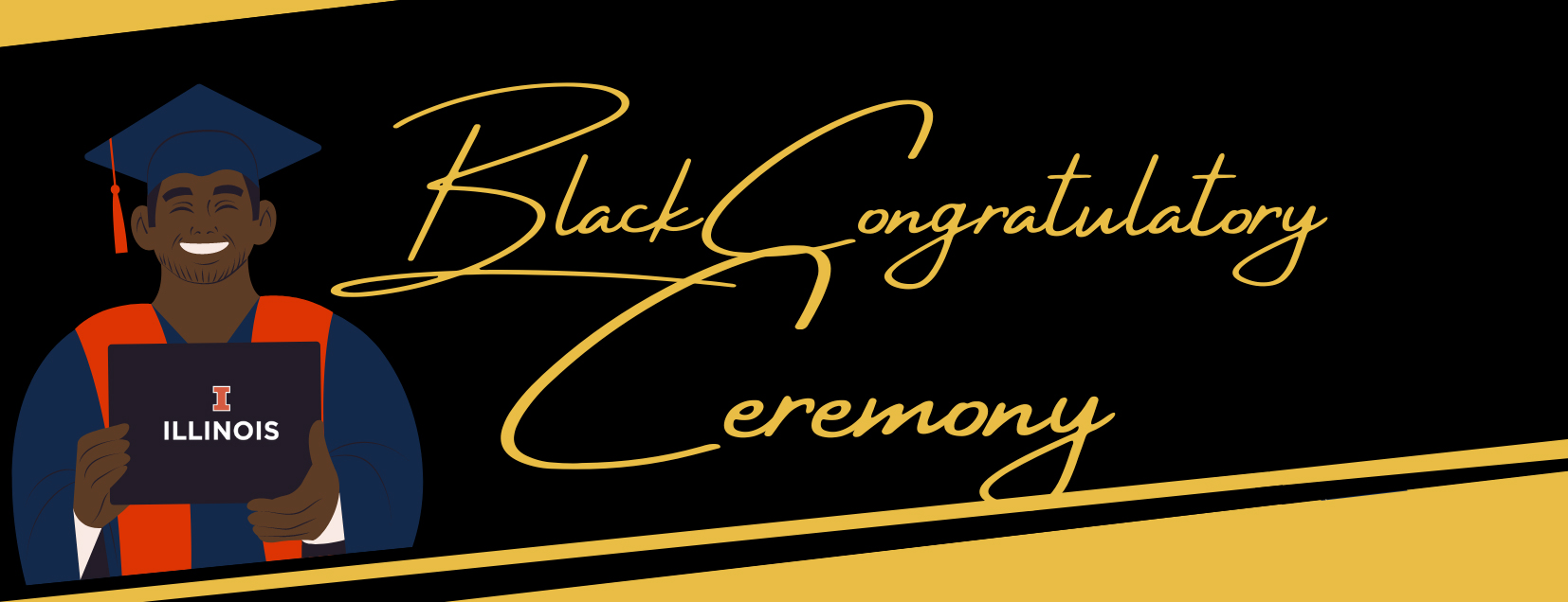 Black Congratulatory Celebration header image with illustration of black male graduate holding diploma and wearing cap and gown