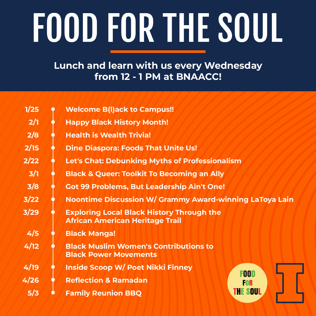 Spring 2023 Food for The Soul schedule poster featuring orange and blue background colors