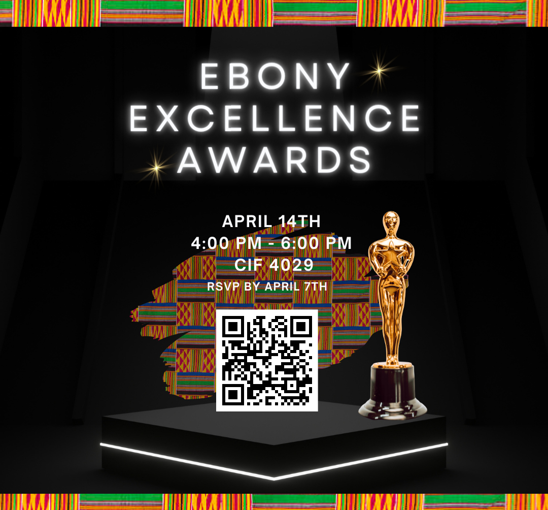 2023 Ebony Excellence Awards poster featuring Oscars statue and red, yellow, and green patten bars at top and bottom